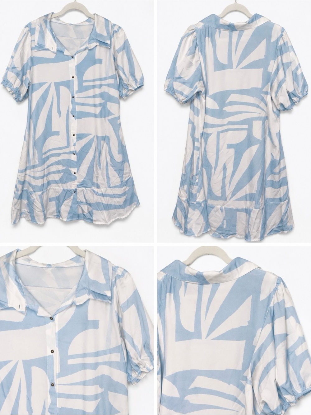 Light Blue & White Abstract Button-Front Dress